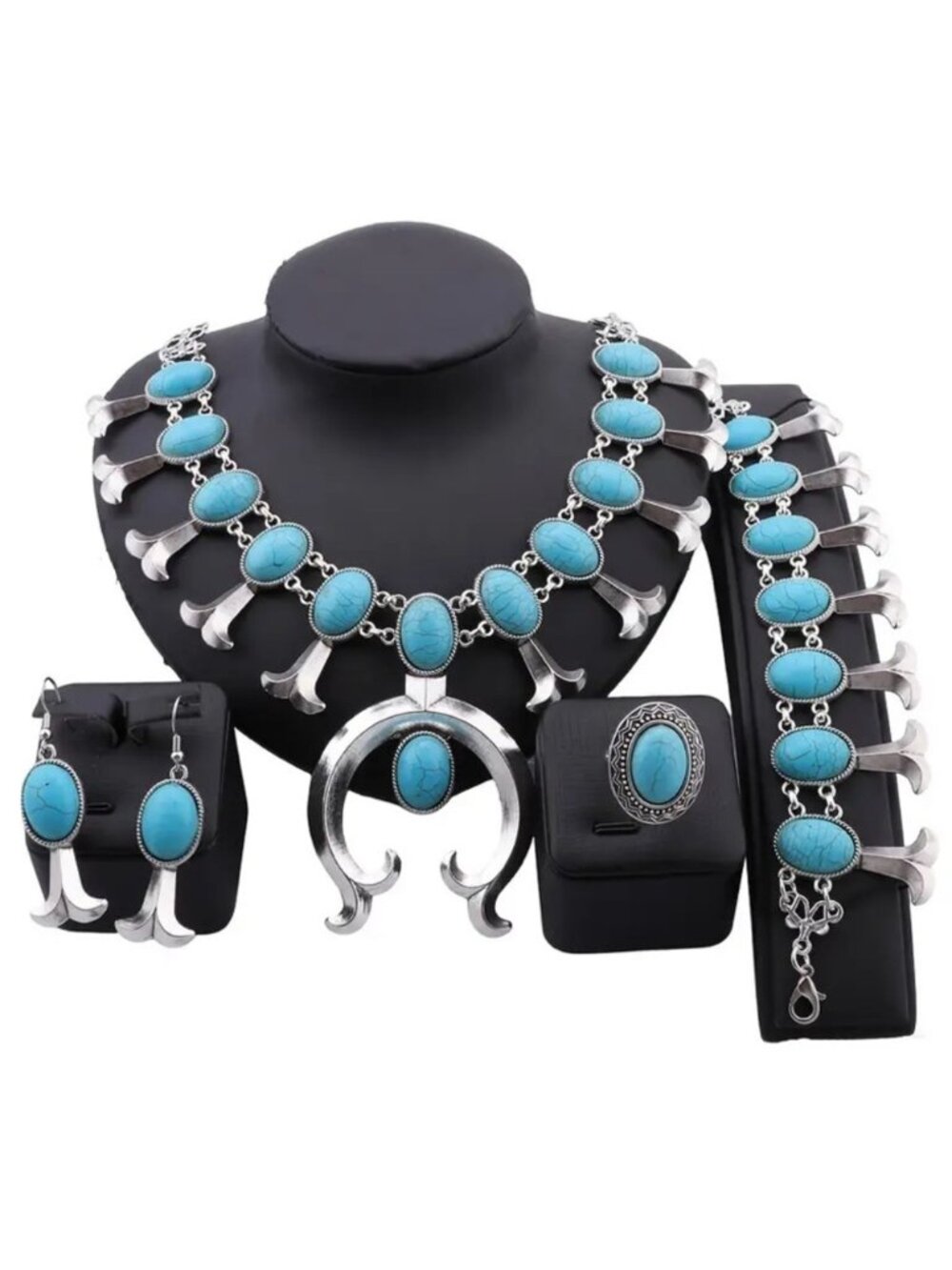 Silver-Tone Turquoise Statement Necklace Set - Women Jewelry